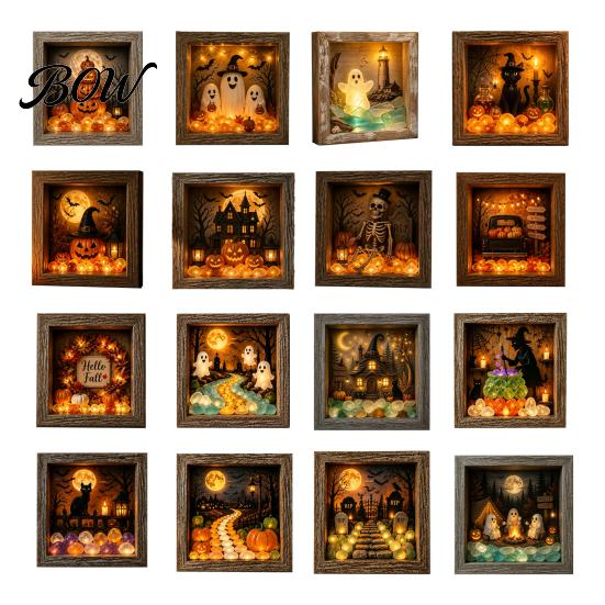 Carved Halloween Figures Lighted Frame Ornaments, Light Up Shadow Box, Warm Decorative Accents Atmosphere LED Lights for Home Living Room Bedroom