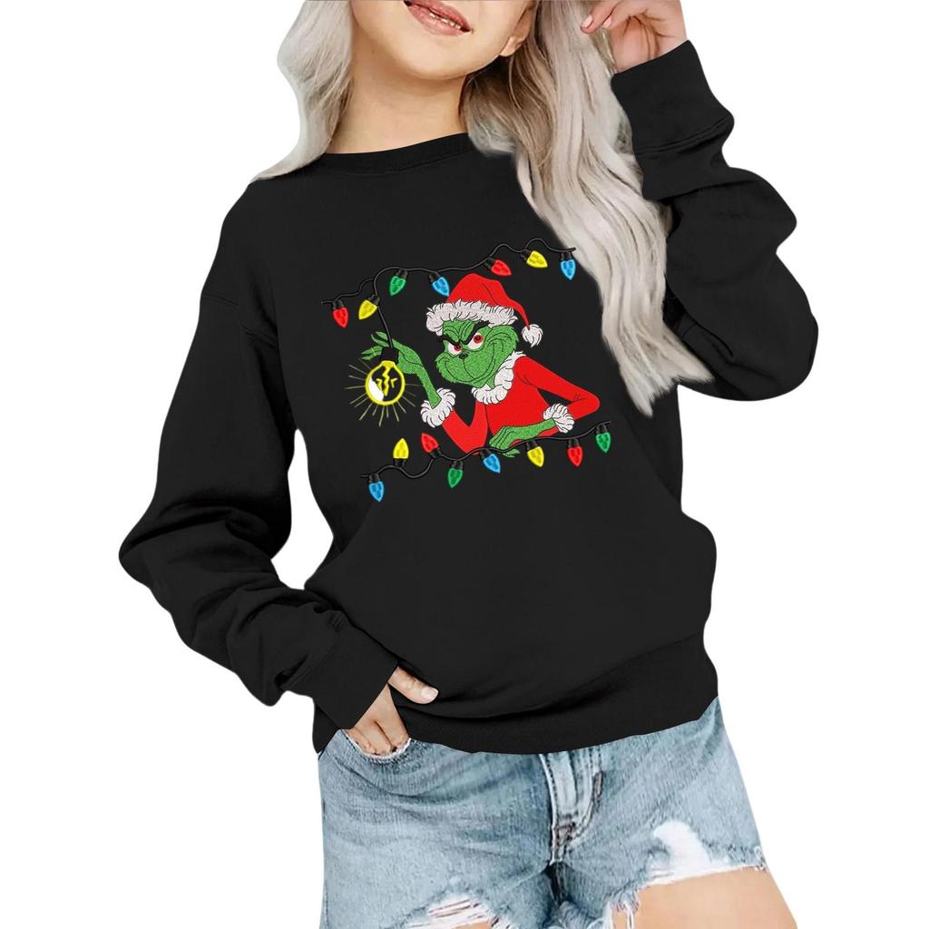 Kids' Fashion Loose-Fit Casual Long-Sleeve Christmas Print Oversized Crewneck Sweatshirt