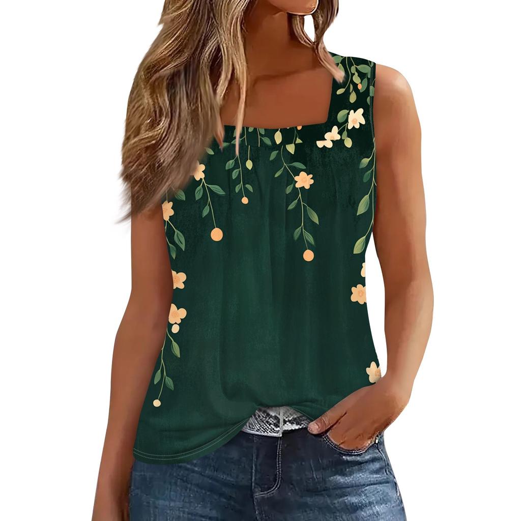 Женская плиссированная футболка без рукавов с квадратным воротником и принтом