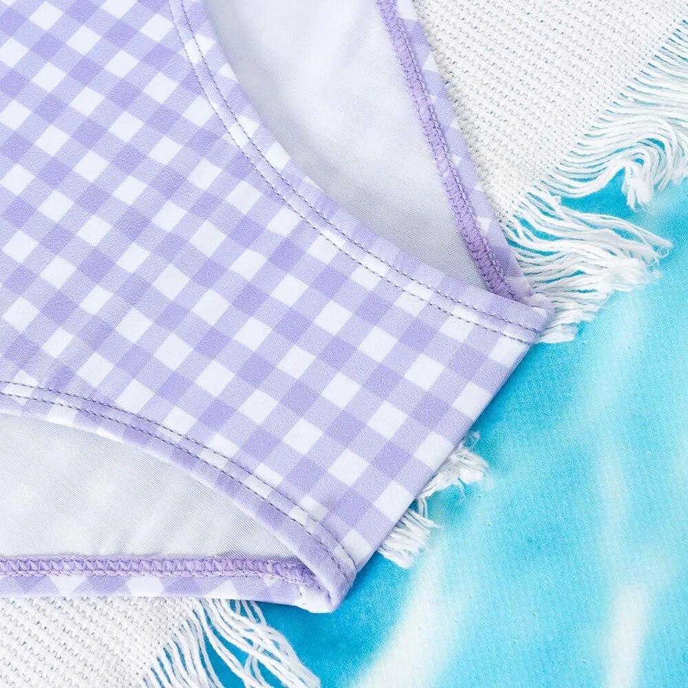 Модный цельный купальник в клетку для девочек-подростков с наклонными плечами, летние детские купальники для детей 5-14 лет, купальный костюм с рюшами для девочек