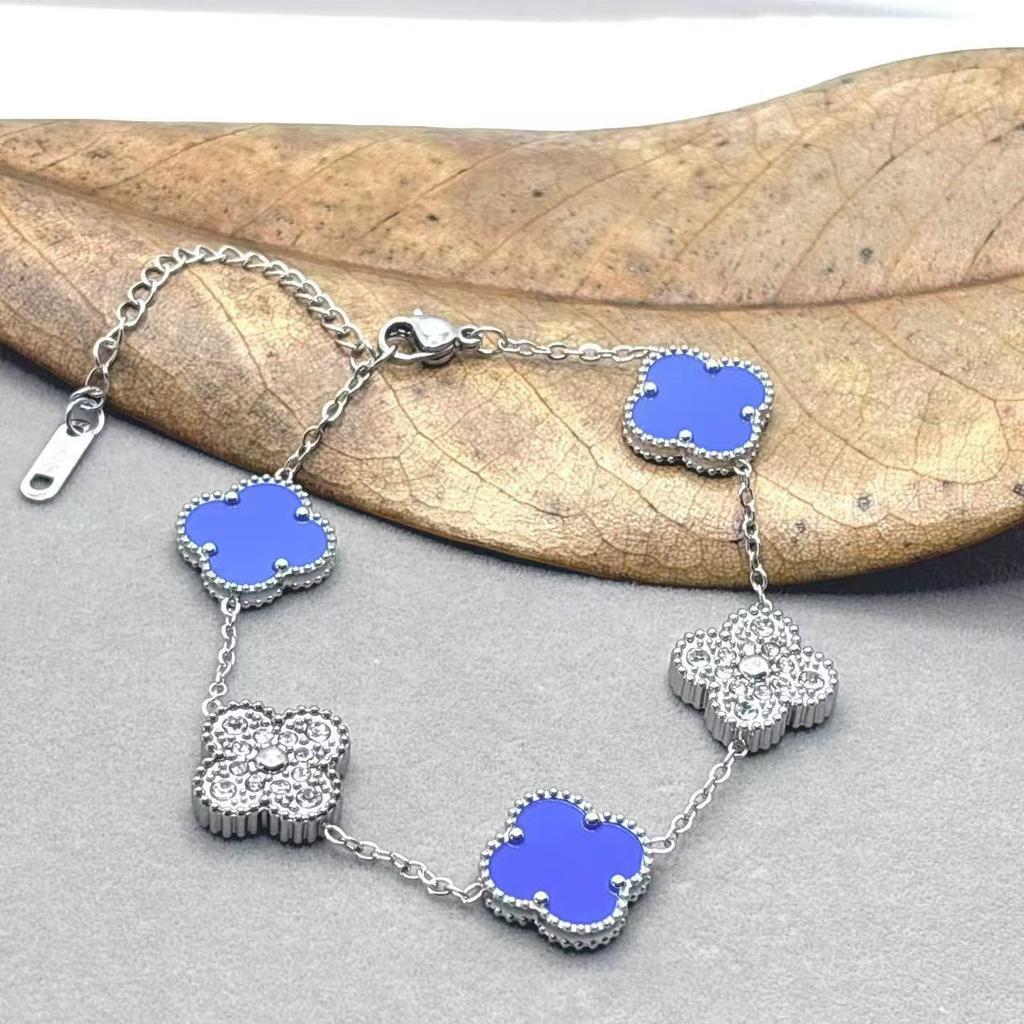 Стальной цвет 15 мм двусторонний браслет с четырьмя листами клевера легкий роскошный модный браслет сотни моделей