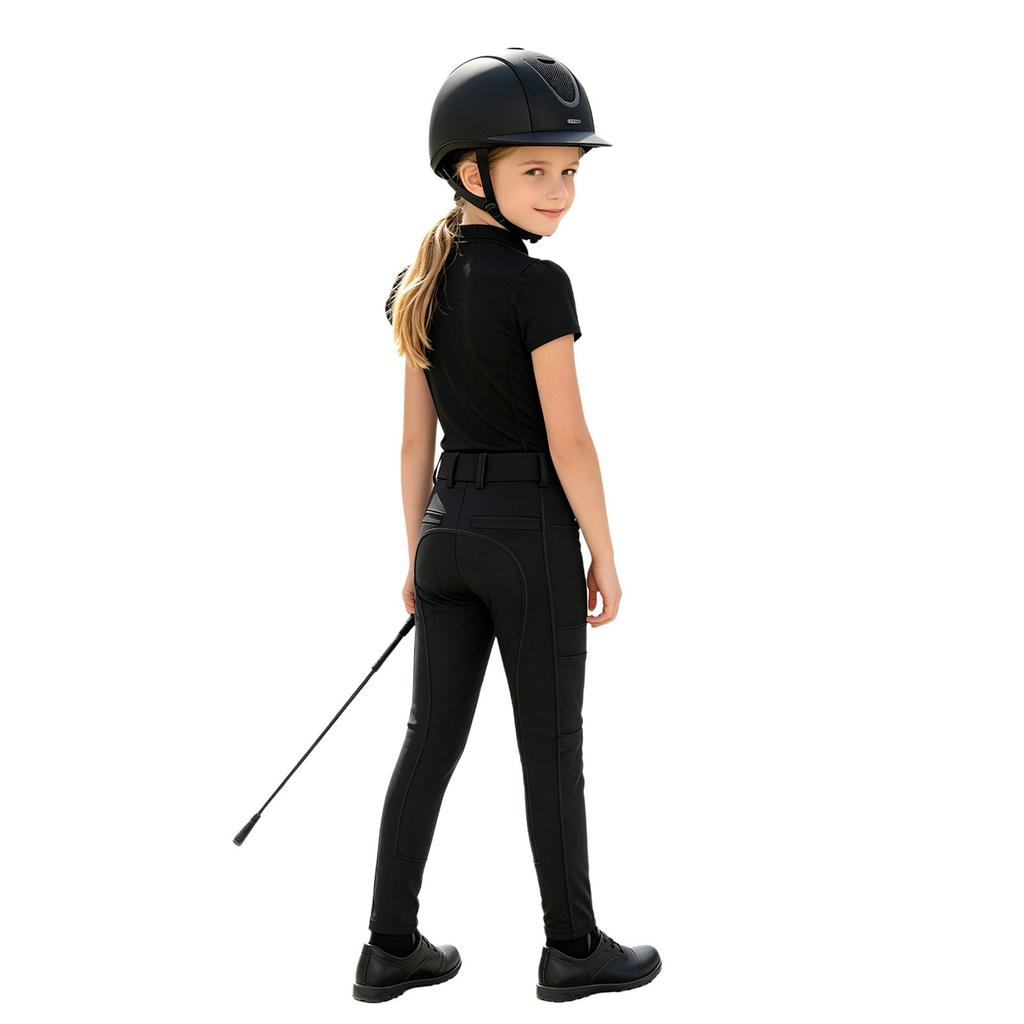 Girls Equestrian Riding Zip Up Stand Collar Ruffled Sleeves Contrast Trim Top Anti Slip Full Seat Breeches Outfit