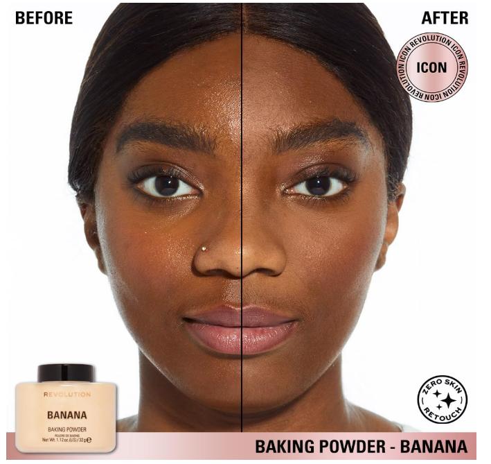 Makeup Revolution, Банановая рассыпчатая пудра, Фиксирующая пудра для макияжа Уменьшает блеск для средних и темных тонов кожи - 32 г