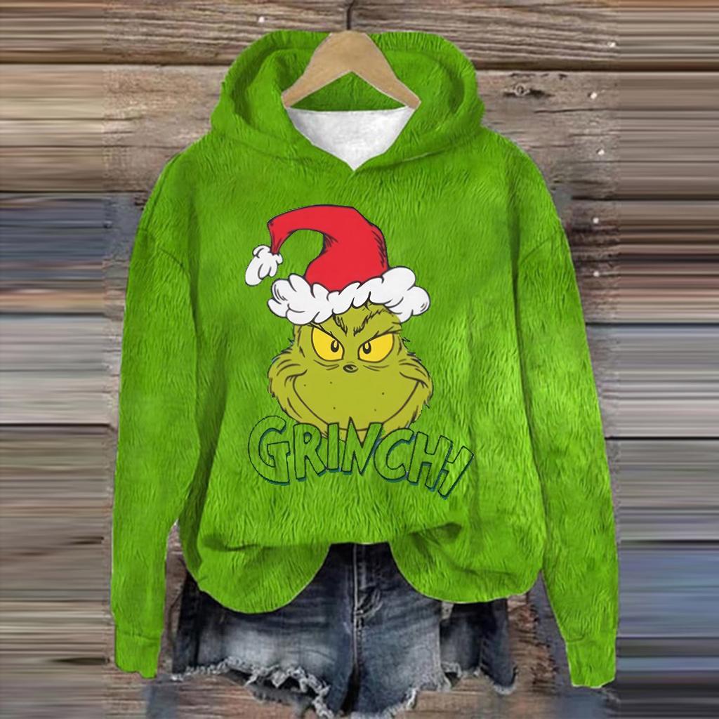 Женская модная повседневная толстовка с капюшоном и длинным рукавом из фланели с рождественским принтом