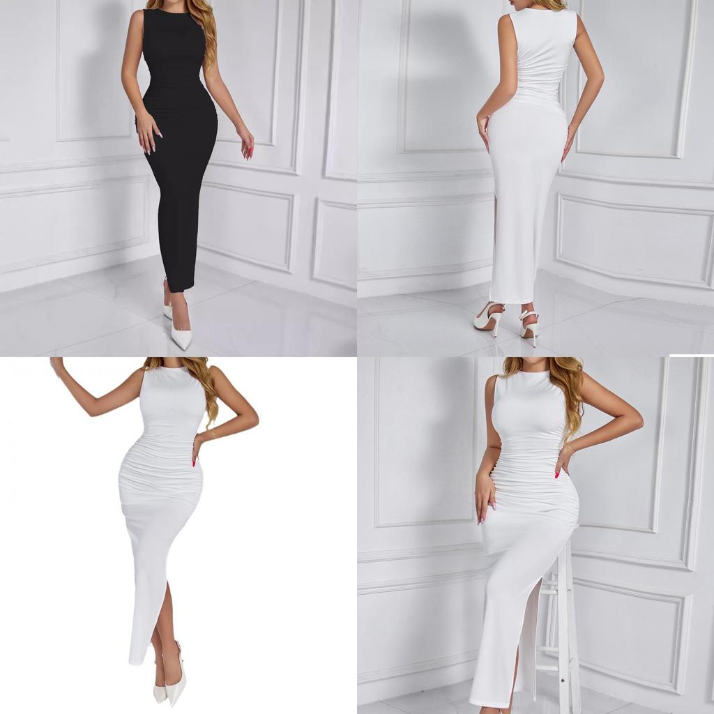 Basic Dress Long Skirt With Pleats And Side Slit For Spring Summer Casual Wear