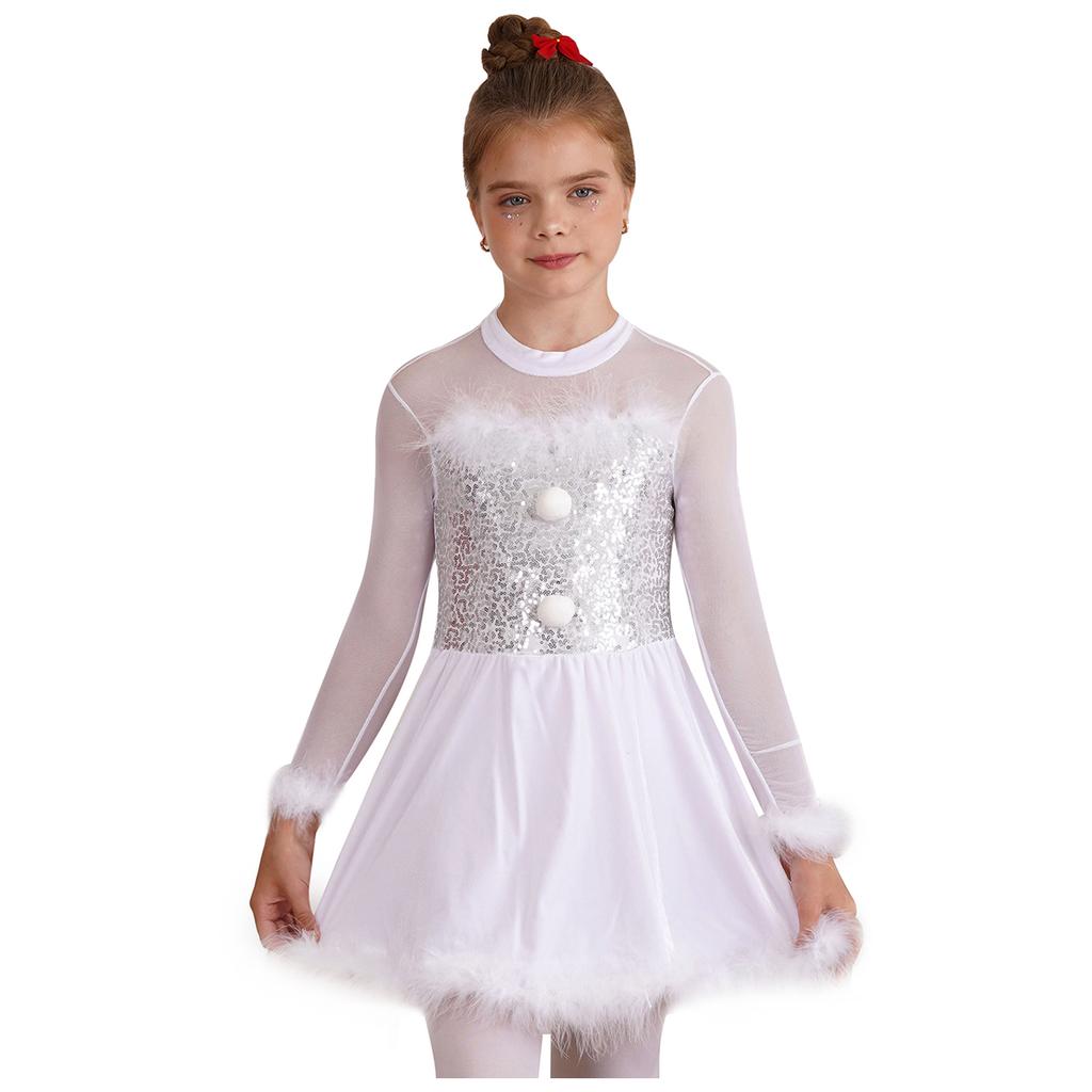 Girls Christmas Shiny Sequin Dance Dress Long Sleeve Feather Keyhole Back Jumpsuit Dress Performance Costume