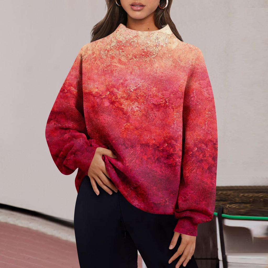 Женская мода с принтом и длинными рукавами, свободная полуводолазка с разрезом, толстовка, топ