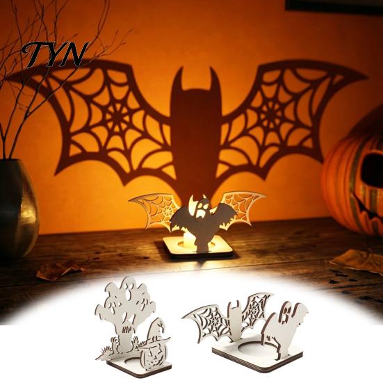 Window Silhouette Display Halloween Candle Holder, Spooky Pumpkin Bat Shadow Tealight Creative Casting Holder Vintage Wooden Candlestick Ornament for