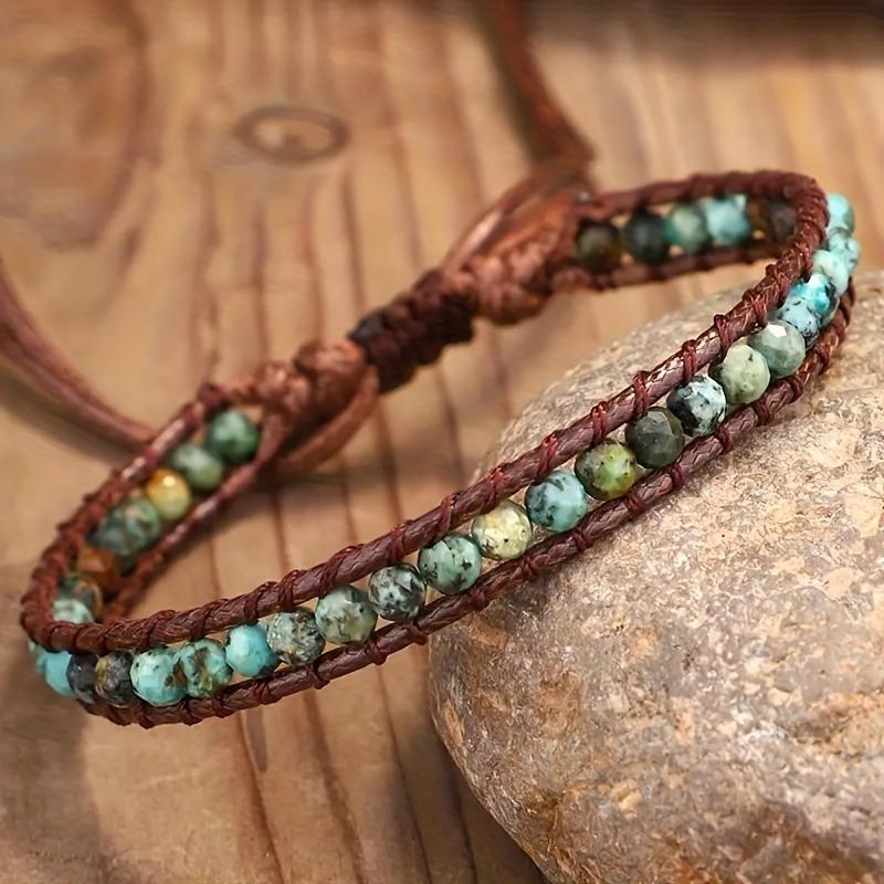 1pc Turquoise Beaded Leather Braided Bracelet Handmade Style Perfect Daily Layering Outdoor Looks Unique Boho Nature-Inspired