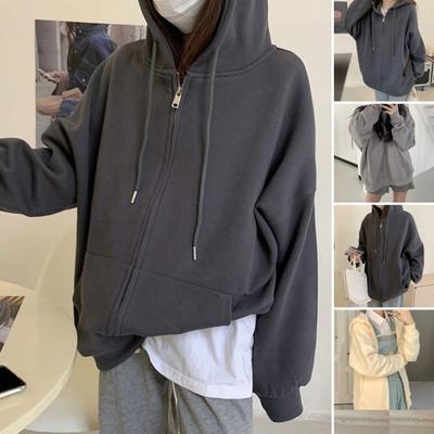Женские худи оверсайз на молнии с длинным рукавом и карманами, повседневные куртки на шнурке, осенняя верхняя одежда