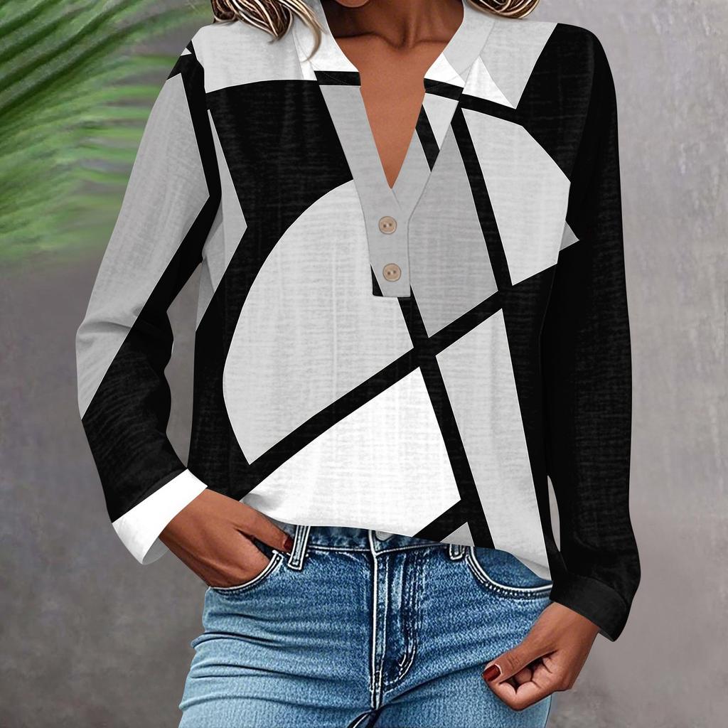 Женская модная и повседневная рубашка с длинным рукавом, V-образным вырезом, на пуговицах, с принтом, блузка, топ