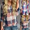 Women Casual Matching Color Long Sleeve Button Loose Plaid Shirt Blouse Top