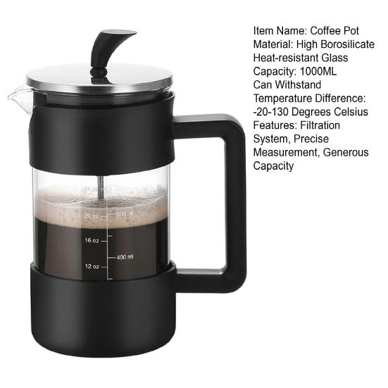 1000ml French Press Coffee Maker 34oz Heat-Resistant Borosilicate Glass No-Drip Spout