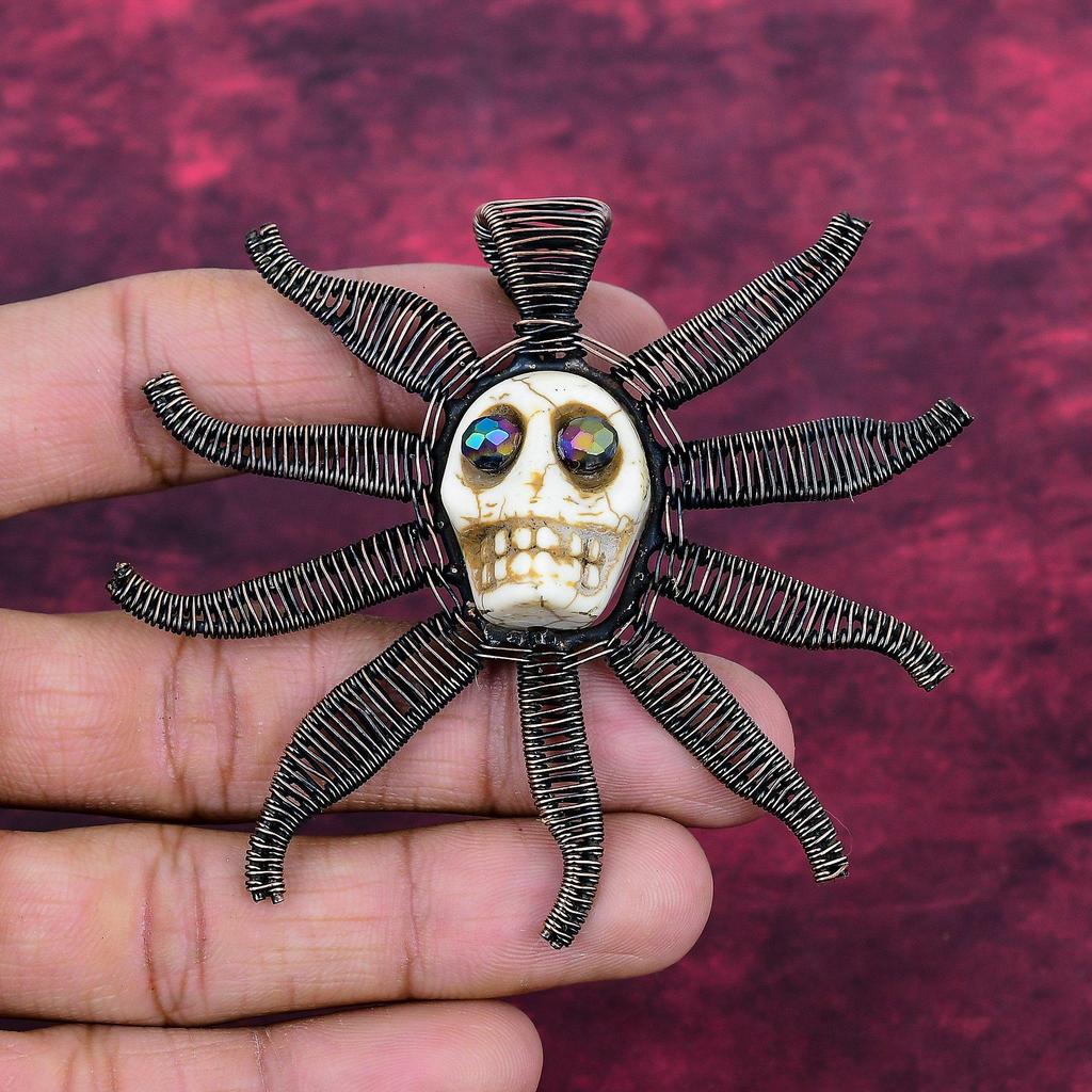 Howlite Copper Wire Wrapped Pendant Titanium Bead Eyes & Skull Bone Face Jewelry Gemstone Pendant