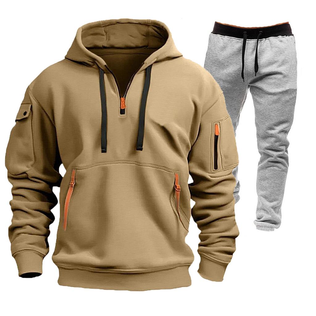 Men's Winter Fleece Multi-pocket Zipper Sweatshirt Suit Personalized Casual Hoodie Suit
