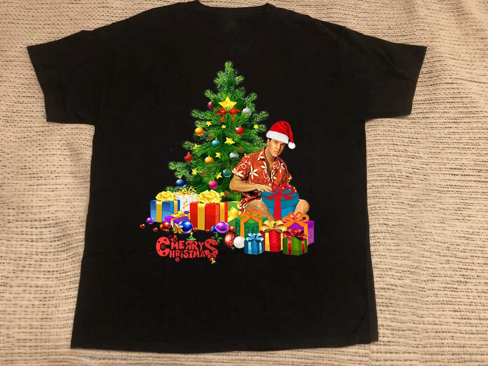 Elvis Presley Merry Christmas Tree And Gifts Cotton Black Unisex T Shirt C358 Unisex T-Shirt