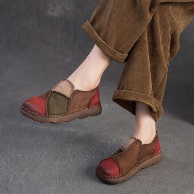 Ретро Туфли на плоской подошве смешанных цветов из натуральной кожи, удобные, с круглым носком, женские слипоны