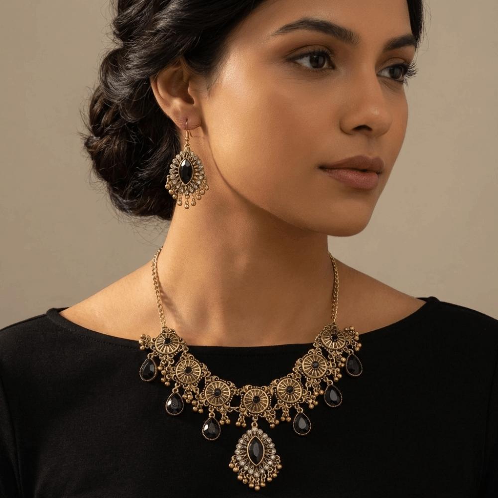 Metal Necklace Earrings Set Water Drop Pendant Ethnic Style Necklace Set  Wedding Party