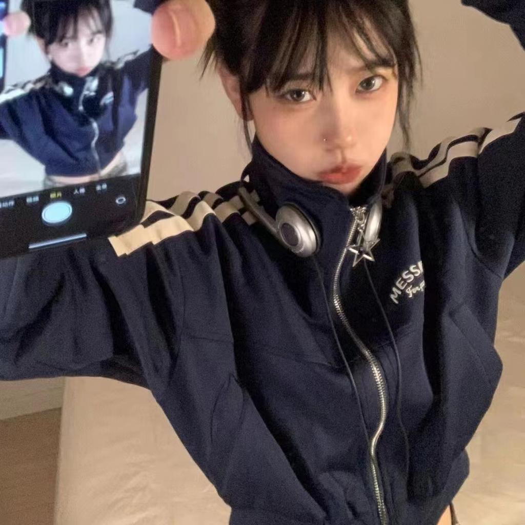 Y2K женские винтажные корейские уличные укороченные толстовки на молнии в полоску в стиле Харадзюку, укороченные куртки на молнии, Kpop толстовка, одежда