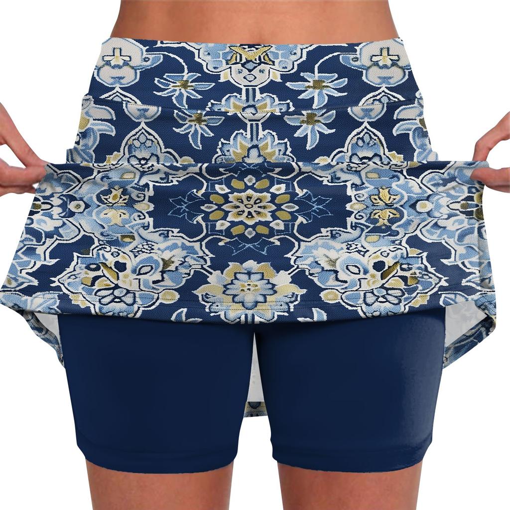 Women's Stretch Yoga Pants Vintage Floral Print Sports Shorts Lightweight High Waisted Skirt