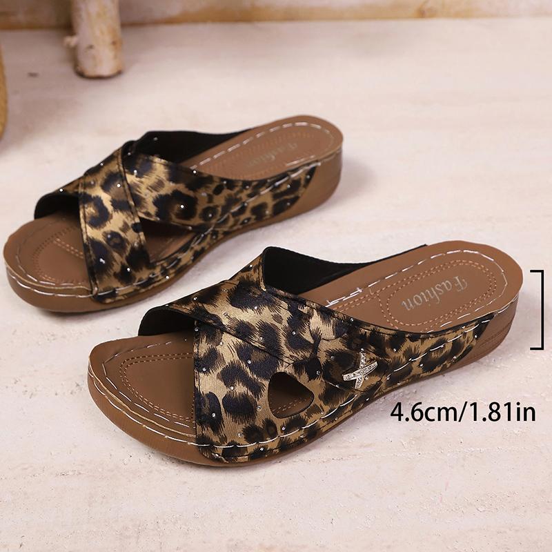 Fashion Plus Size 36-43 Leopard Print Sandals Women Summer 2025 Lightweight Wedges Slippers Woman Cross Band Thick Sole Slides Shoes