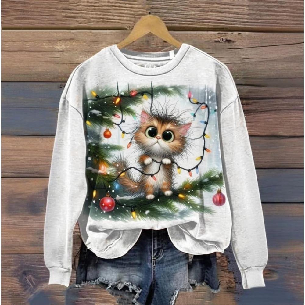Christmas Day Cute Cat Printed Clothing 3d Animals Print Harajuku Hoodie Autumn/Winter Round Neck Sweater 2024 Longsleeves Tops