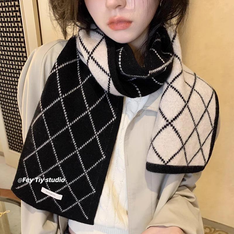 Wool 100ool Double-sided Scarf Rhombus Plaid Scarf Winter Warm Couple