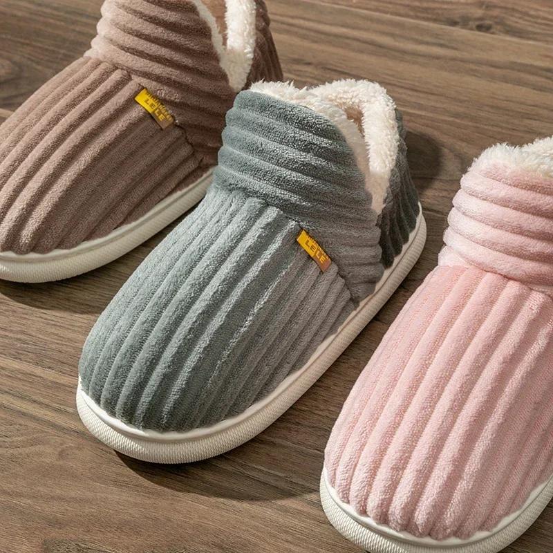 Fashion Winter Couple Style Concise Solid Color Wrap Heels Plush Slippers Non-slip Warm Flip Flops Women Men Home Casual Cotton Shoes