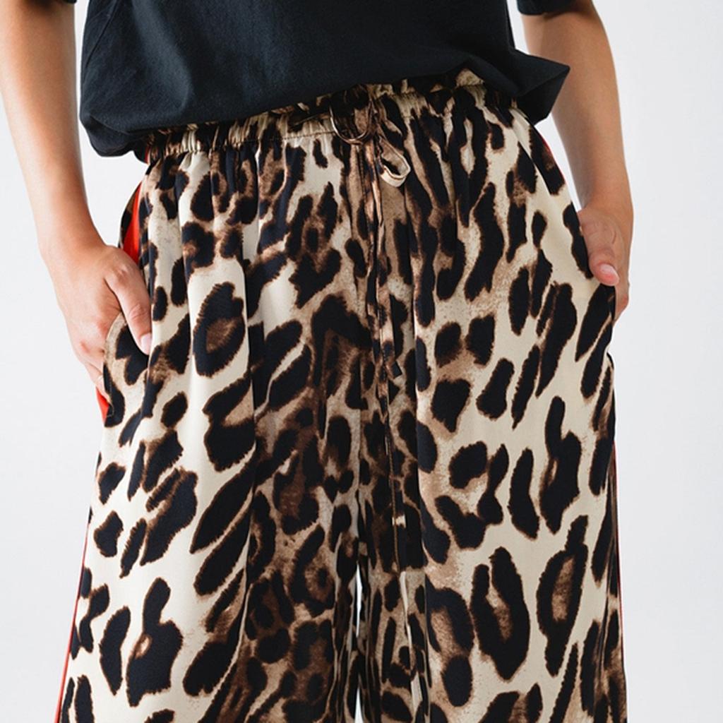 Женские повседневные брюки с завязками на шнурке, леопардовым принтом, цветными полосками по бокам, прямые широкие свободные брюки
