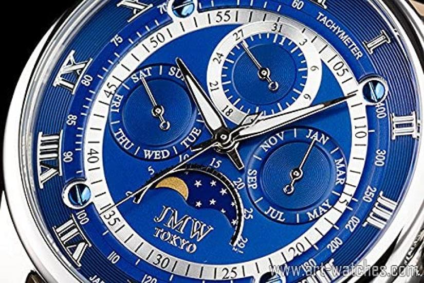 JMW TOKYO Мужские Роскошные Часы с Фазами Луны – Японский Механизм, Римские Цифры, Синий и Серебряный – Ограниченная Серия 300 Штук по Всему Миру