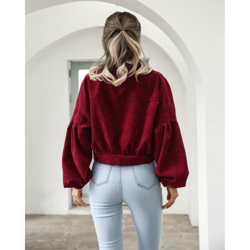 Женская повседневная вельветовая куртка с лацканами, осенне-зимняя однобортная короткая куртка с рукавами-фонариками