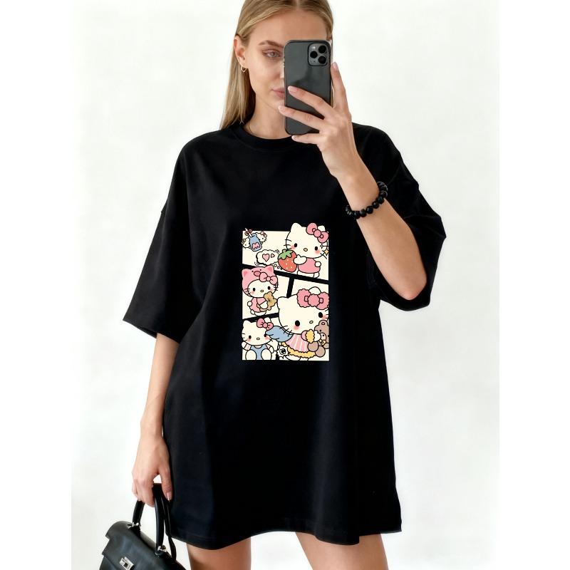 Оверсайз платье-футболка черное с принтом Hello Kitty Повседневный уличный стиль Мода для женщин