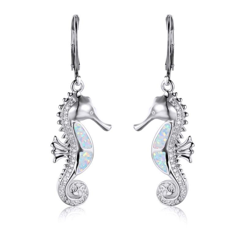 Wish Hot Ocean Wind Series Rose Gold White Gold Blue and White Opal Micro-set White Diamond Seahorse Versatile Earrings
