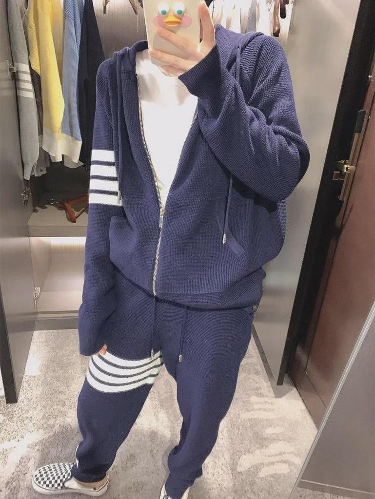 Женский повседневный спортивный костюм весна/осень: Модный комплект из двух частей: свитер-пиджак большого размера с четырьмя полосками