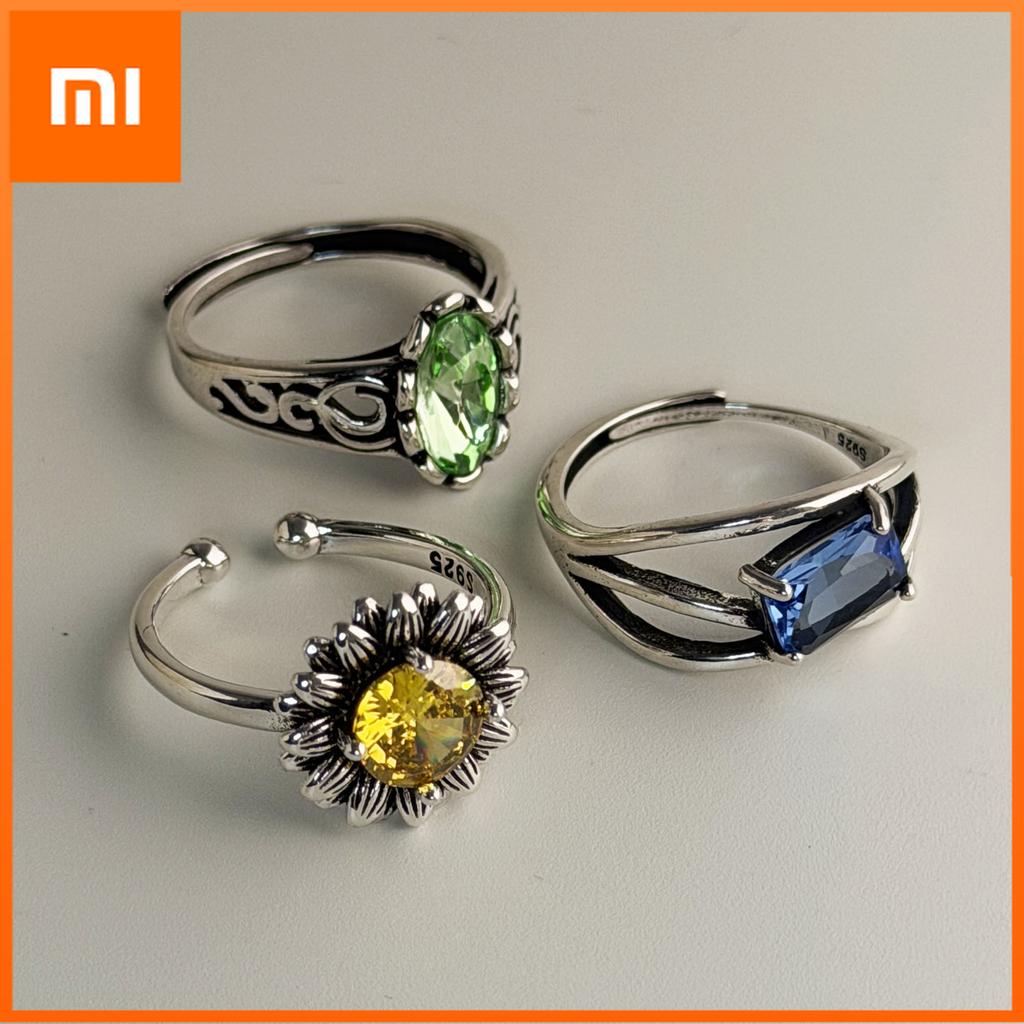Xiaomi BF CLUB 925 Sterling Silver Ring For Women Jewelry Retro Green Stone Open Vintage Handmade Ring Allergy For Party Birthday Gift