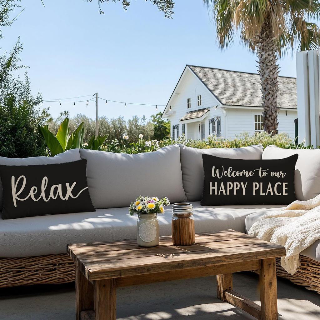 Decorative Throw Pillow Cover 12x20 Inch Welcome to Our Happy Place Black White Outdoor Modern Farmhouse Front Porch Patio Decor Lumbar Cushion Case