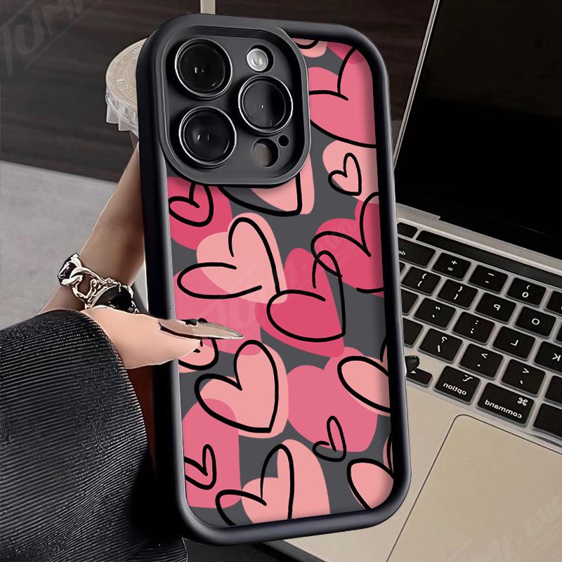 Дизайн с узором в виде розовых сердечек Чехол для телефона iPhone 15 Pro Max 11 12 13 16 14 Plus Силиконовый противоударный чехол Защитная крышка для объектива