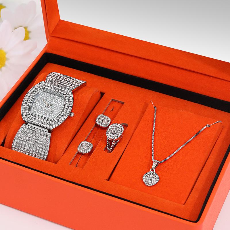 5PCS Fashion Luxury Women's Diamond Silver Quartz Watch Girls' Square Pendant Necklace Diamond Earrings Ring Jewelry Set for Girls