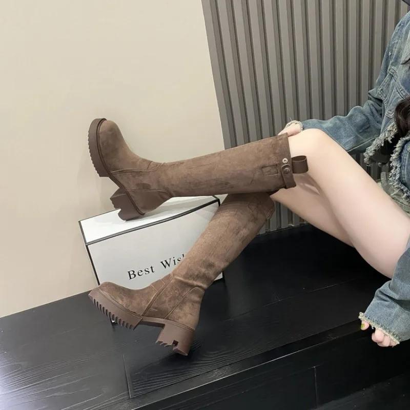 2024 Новые женские сапоги с круглым носком, женские сексуальные туфли на высоком каблуке, высокие сексуальные зимние туфли, низкие, до середины голени, женские ботинки Mujer