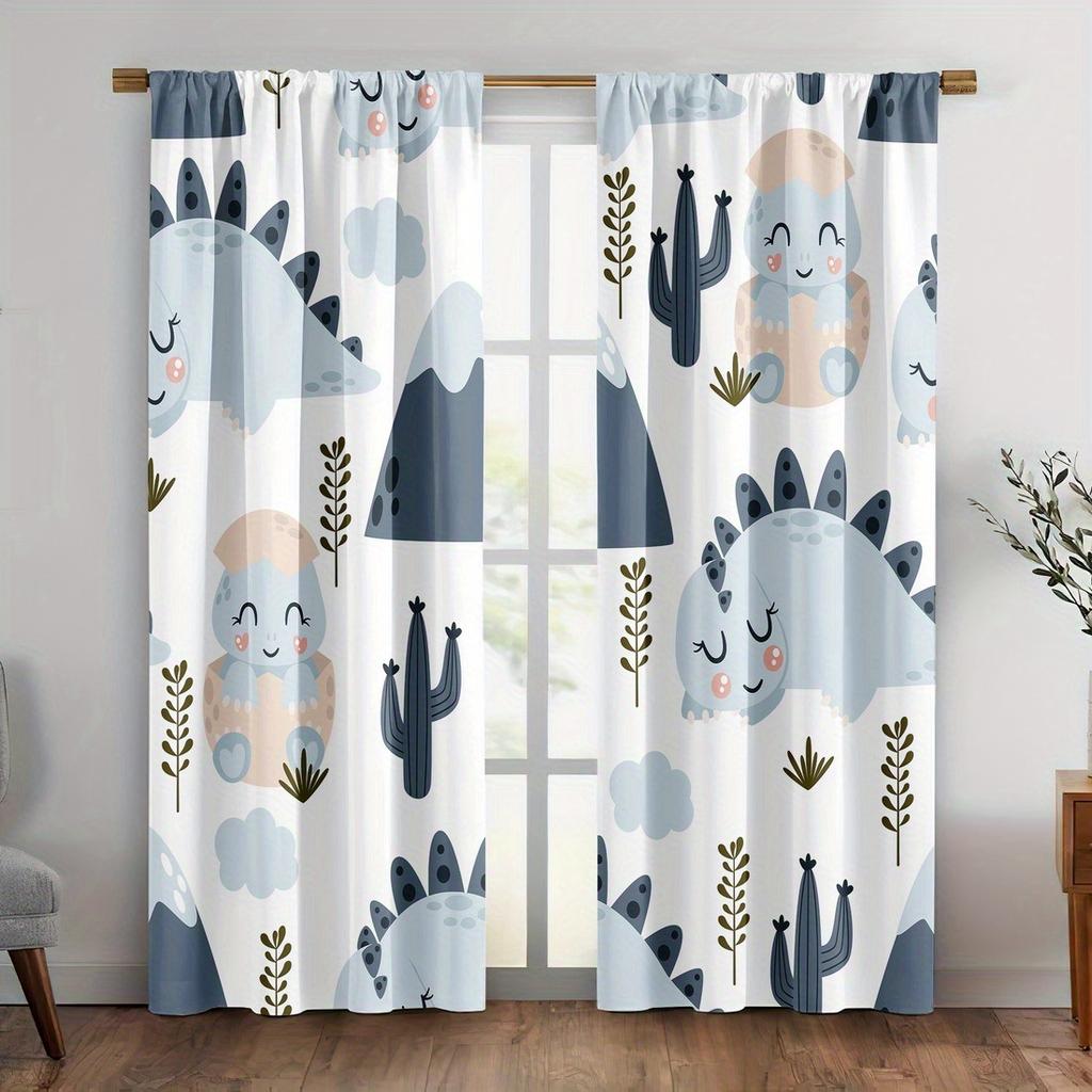 2Pc Cartoon Dinosaur Print Curtains - Polyester Fabric For Bedroom, Living Room, And Kitchen - Machine Washable