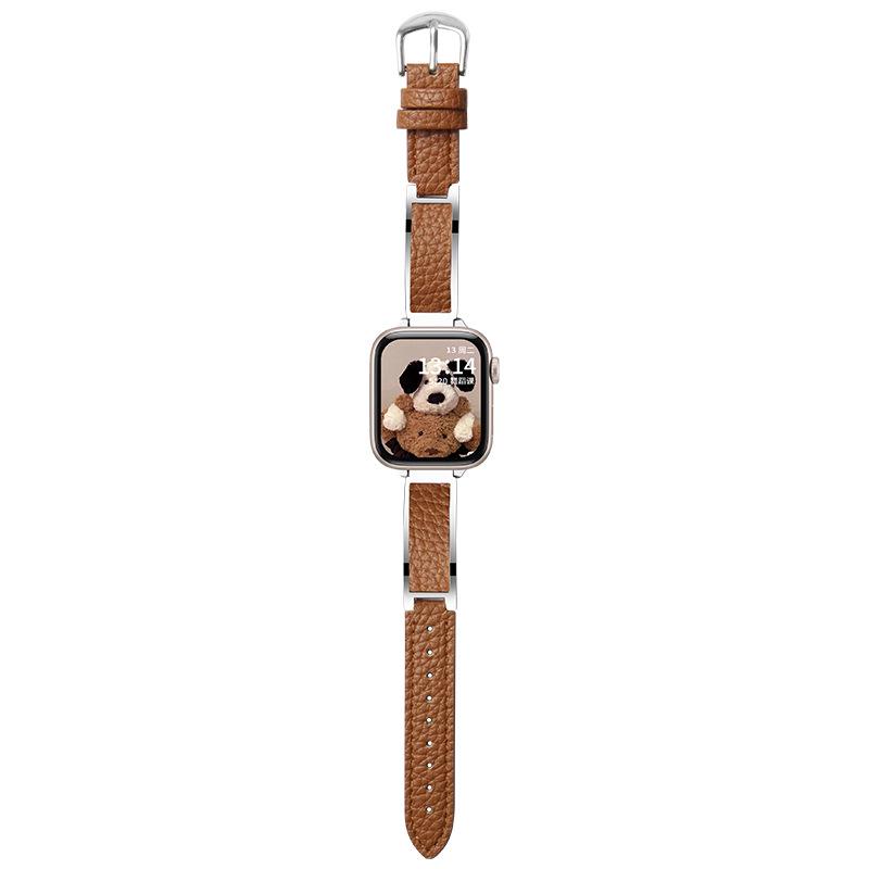 Совместимый ремешок для Apple Watch: Новый металлический браслет из кожи с узором из личи для Series 8/9/10/11, женский ремешок для запястья.