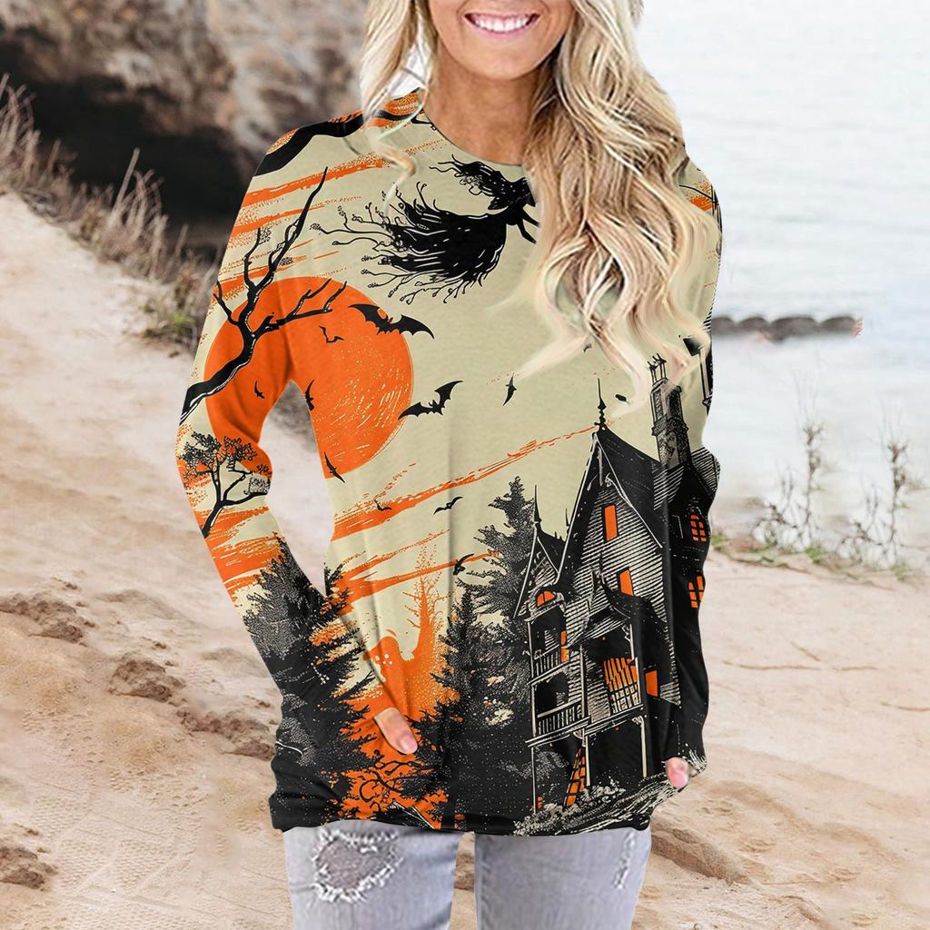 Женская модная повседневная футболка с круглым вырезом и принтом, длинными рукавами и карманами