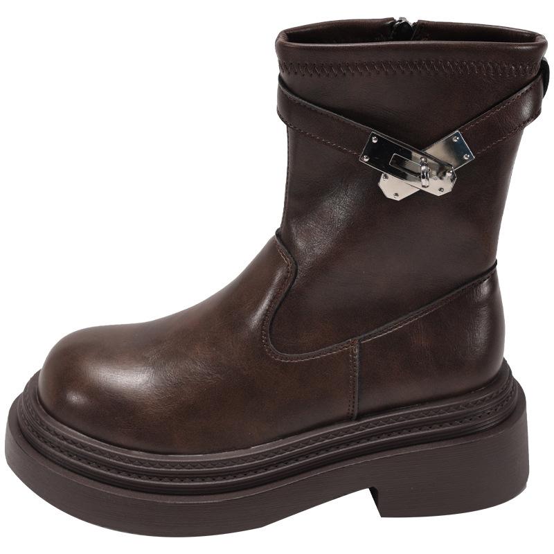 Платформа на толстом каблуке, женские ботфорты в корейском стиле, новые осенне-зимние ботинки Мартина с круглым носком и высоким каблуком 2025