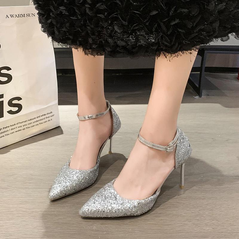 Мода 2024 года, женские свадебные туфли на шпильках с высоким каблуком, стиль феи, летние новые стильные универсальные босоножки с острым носком и ремешком