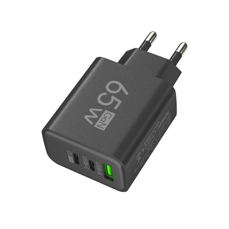 65W GaN Travel Charger EU Plug Dual USB C + USB A Port Fast Charging Wall Adapter Compact Charger for Phone Laptop Tablet