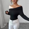 Осень Зима Color Block С открытыми плечами Неровный волан по подолу Узкий топ с длинным рукавом Модный Повседневный Базовый Офисная леди Повседневный Облегающий крой Женский Элегантный топ