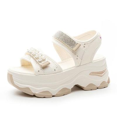 Модные 7 см Тканевые Сандалии из Синтетической Кожи на Плоской Подошве Женские Шлепанцы Туфли-Лодочки Платформа Клин Крючок Летние Полые Модные Блестящие Туфли с Открытым Носком