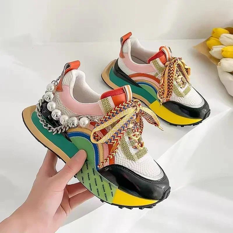 Fashion New Lace Up Iridescent Pearl Chain Decorative Women's Vulcanized Shoes Women's Platform Sneakers Zapatos De Mujer Women Shoes