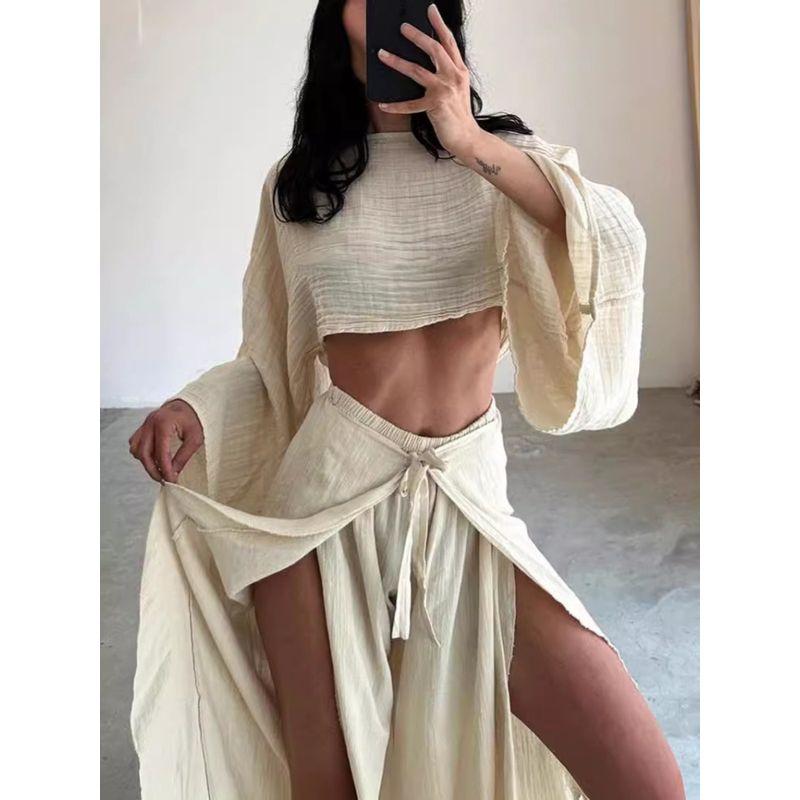 European and American Holiday Style Sexy Navel Short Top Loose High Waist Slit Pants Casual Set Casual Suit