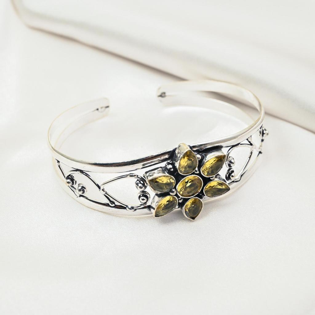 Citrine Gemstone Bangle 925 Sterling Silver Cuff Bracelet, Handmade Designer Jewelry Adjustable Bangle, Gift For Mom
